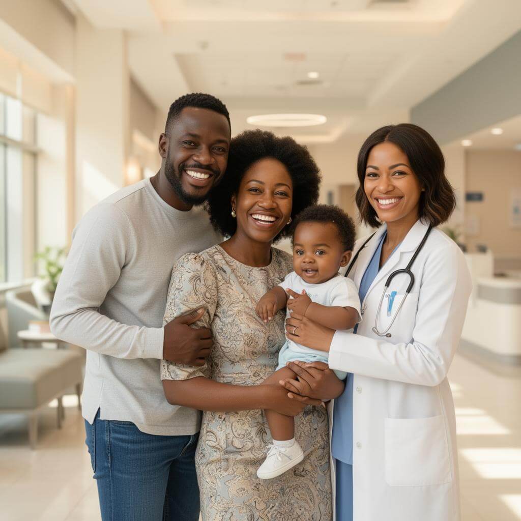 Happy family with their doctor